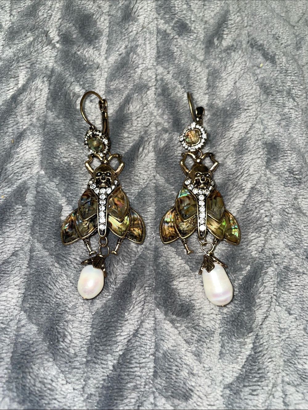 Antique-Inspired Abalone & Pearl Drop Skull Moths Earrings